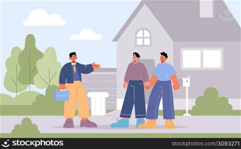 Gay couple buy new house, agent show cottage to male characters holding hands. Homosexual family buying real estate property, mortgage loan or home purchase concept, Line art vector illustration. Gay couple buy new house, agent show cottage home