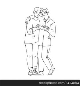 Gay Couple Embracing And Showing Heart Vector. Happiness Young Men Gay Couple Embrace And Enjoying Love Togetherness. Sensual Characters Guys Lovely Relationship black line illustration. Gay Couple Embracing And Showing Heart Vector
