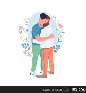 Gay couple flat concept vector illustration. Same sex romantic relationship. Happy hugging men. Family 2D cartoon characters for web design. Homosexual couple cuddling creative idea. Gay couple flat concept vector illustration