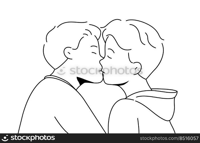 Gay couple kissing showing love and affection. Homosexual men demonstrate relationships. LGBT community, freedom of rights. Vector illustration. . Gay couple kissing showing love
