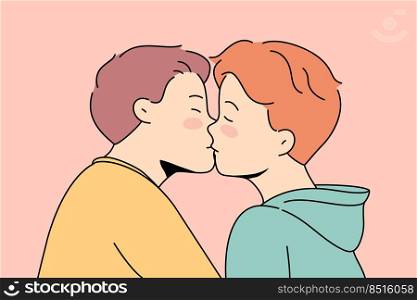 Gay couple kissing showing love and affection. Homosexual men demonstrate relationships. LGBT community, freedom of rights. Vector illustration.. Gay couple kissing showing love