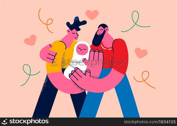 Gay couple love and family concept. Young happy men gay couple cartoon characters standing holding infant newborn baby in hands feeling excited vector illustration . Gay couple love and family concept