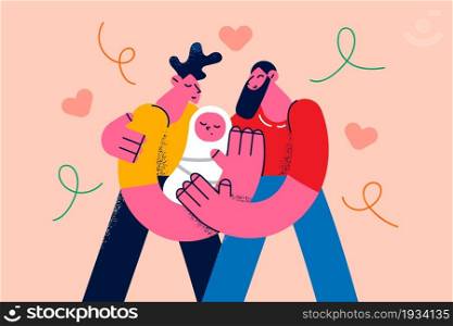 Gay couple love and family concept. Young happy men gay couple cartoon characters standing holding infant newborn baby in hands feeling excited vector illustration . Gay couple love and family concept