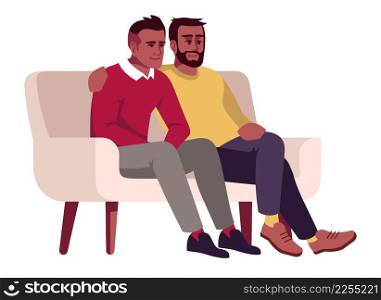 Gay couple sitting on sofa semi flat RGB color vector illustration. Embracing figures. Men visiting psychologist consultation meeting isolated cartoon characters on white background. Gay couple sitting on sofa semi flat RGB color vector illustration