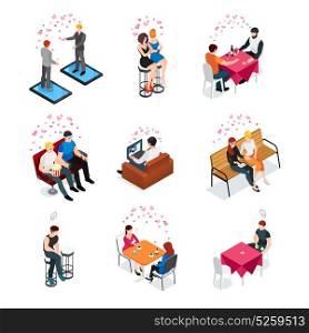 Gay Dating Isometric Compositions . Gay dating isometric compositions with same sex couples meeting in cafe cinema and outdoor vector illustration