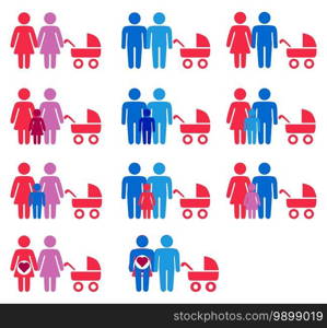 Gay, lesbian, hetero couples and family with children icons set. Gay, lesbian couples and family with children icons set