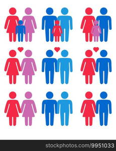 Gay, lesbian, hetero couples and family with children icons set. Gay, lesbian couples and family with children icons set