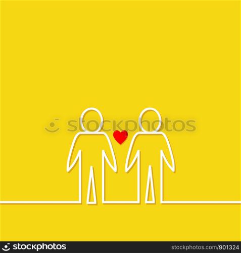 Gay marriage Pride symbol Two white contour man sign LGBT icon Red heart Flat design