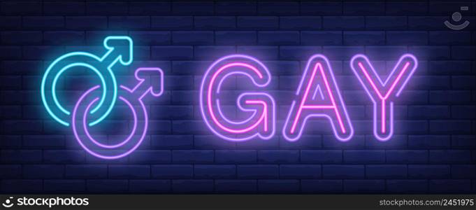 Gay neon text with two coupled male gender symbols. Gender identity design. Night bright neon sign, colorful billboard, light banner. Vector illustration in neon style.