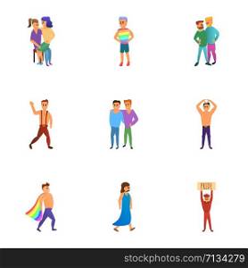 Gay parade icon set. Cartoon set of 9 gay parade vector icons for web design isolated on white background. Gay parade icon set, cartoon style