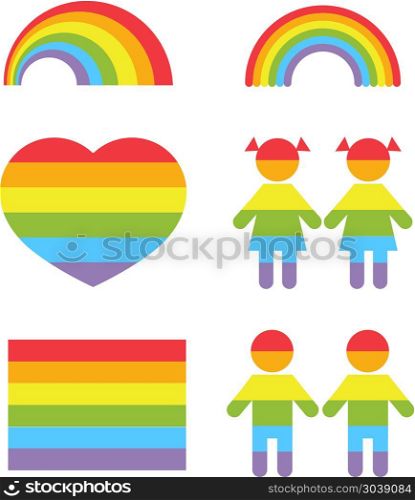 Gay pride rainbow heart and colors shapes vector set. Gay pride rainbow heart and gay colors shapes vector set. Lesbian and homosexual, freedom and tolerance illustration