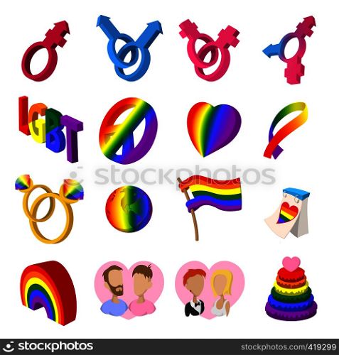 Gays cartoon icons set. Love, family and gays icons isolated on white. Gays cartoon icons set