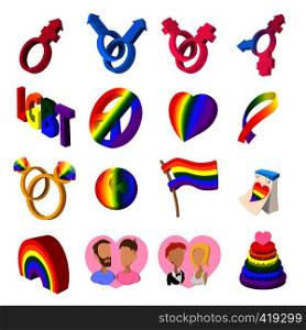Gays cartoon icons set. Love, family and gays icons isolated on white. Gays cartoon icons set