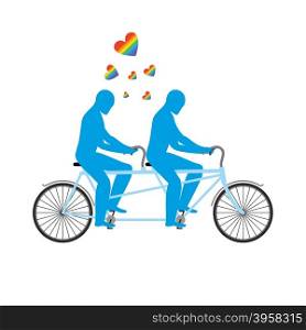 Gays in tandem. Two blue men on bicycle. Lovers of cycling. Joint walk. Romantic date. Heart rainbow - symbol of LGBT love&#xA;