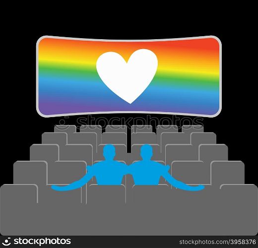 Gays in theater. Two blue men in cinema hall. Places for kisses on last row. Lovers watching movie. Romantic LGBT illustration. Heart rainbow symbol of homosexual love&#xA;