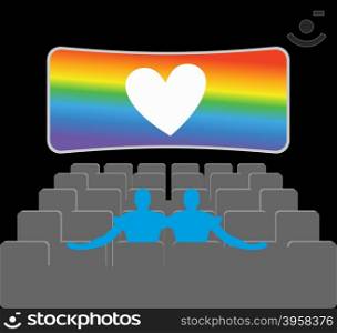 Gays in theater. Two blue men in cinema hall. Places for kisses on last row. Lovers watching movie. Romantic LGBT illustration. Heart rainbow symbol of homosexual love&#xA;
