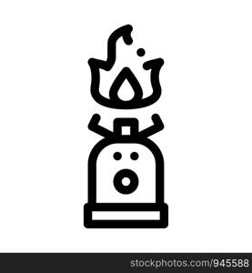 Gaz Cylinder With Fire For Cooking Vector Icon Thin Line. Compass, Mountain Direction And Burner Mountaineering Alpinism Equipment Concept Linear Pictogram. Contour Outline Illustration. Gaz Cylinder With Fire For Cooking Vector Icon