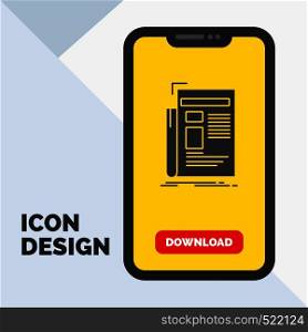 Gazette, media, news, newsletter, newspaper Glyph Icon in Mobile for Download Page. Yellow Background. Vector EPS10 Abstract Template background