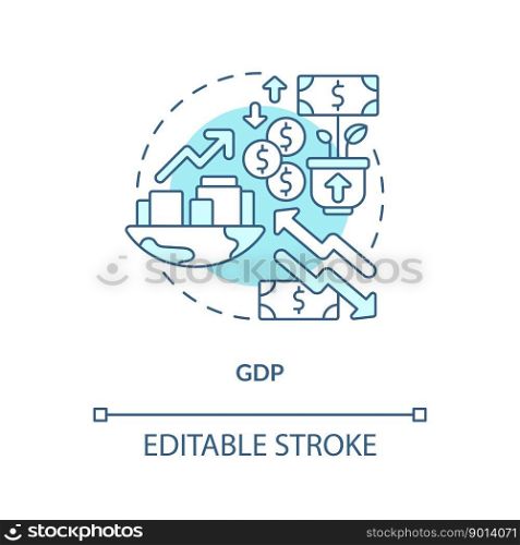 GDP turquoise concept icon. Gross domestic product impact. Economic indicator abstract idea thin line illustration. Isolated outline drawing. Editable stroke. Arial, Myriad Pro-Bold fonts used. GDP turquoise concept icon