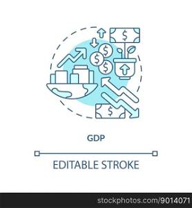 GDP turquoise concept icon. Gross domestic product impact. Economic indicator abstract idea thin line illustration. Isolated outline drawing. Editable stroke. Arial, Myriad Pro-Bold fonts used. GDP turquoise concept icon