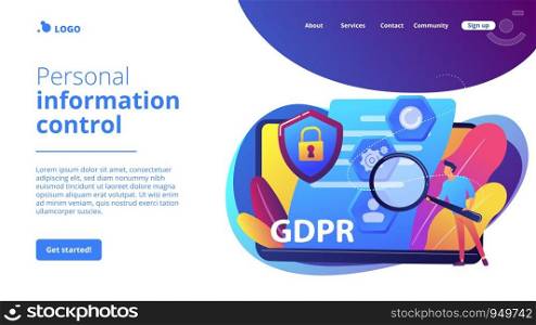 GDPR and cyber security, confidential database. General data protection regulation, personal information control, browser cookies permission concept. Website homepage landing web page template.. General data protection regulation concept landing page.