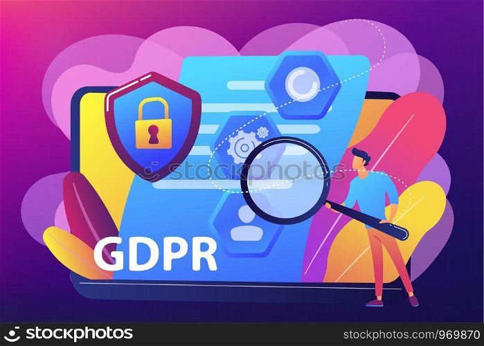 GDPR and cyber security, confidential database. General data protection regulation, personal information control, browser cookies permission concept. Bright vibrant violet vector isolated illustration. General data protection regulation concept vector illustration.