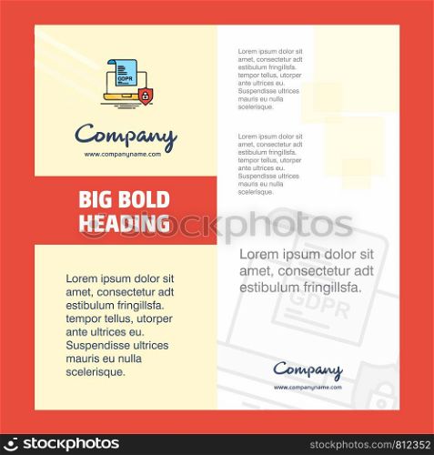 GDPR document on laptop Company Brochure Title Page Design. Company profile, annual report, presentations, leaflet Vector Background