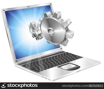 Gear cogs flying out of laptop screen tune up or settings application concept illustration.