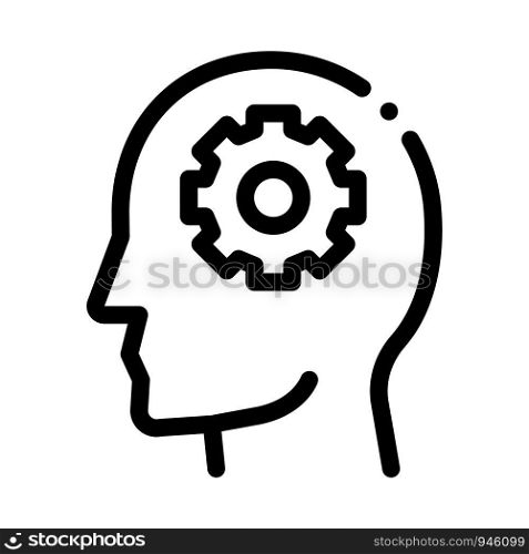Gear Cogwheel Mechanism In Silhouette Mind Vector Icon Thin Line. Cube And Brain, Heart And Shield, Padlock And Magnifier Concept Linear Pictogram. Black And White Template Contour Illustration. Gear Cogwheel Mechanism In Silhouette Mind Vector