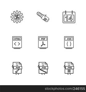 Gear , cutter , calender , html file , pdf file , css file , compressed file rar , psd , photoshop , png file , 9icon, vector, design,  flat,  collection, style, creative,  icons