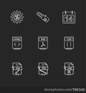 Gear , cutter , calender , html file , pdf file , css file , compressed file rar , psd , photoshop , png file , 9icon, vector, design, flat, collection, style, creative, icons