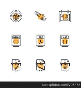 Gear , cutter , calender , html file , pdf file , css file , compressed file rar , psd , photoshop , png file , 9icon, vector, design, flat, collection, style, creative, icons