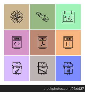 Gear , cutter , calender , html file , pdf file , css file , compressed file rar , psd , photoshop , png file , 9icon, vector, design, flat, collection, style, creative, icons