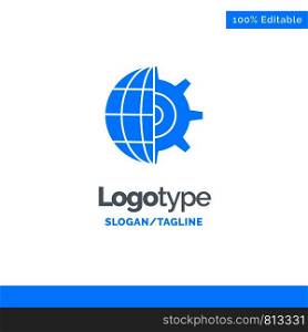 Gear, Globe, Setting, Business Blue Solid Logo Template. Place for Tagline