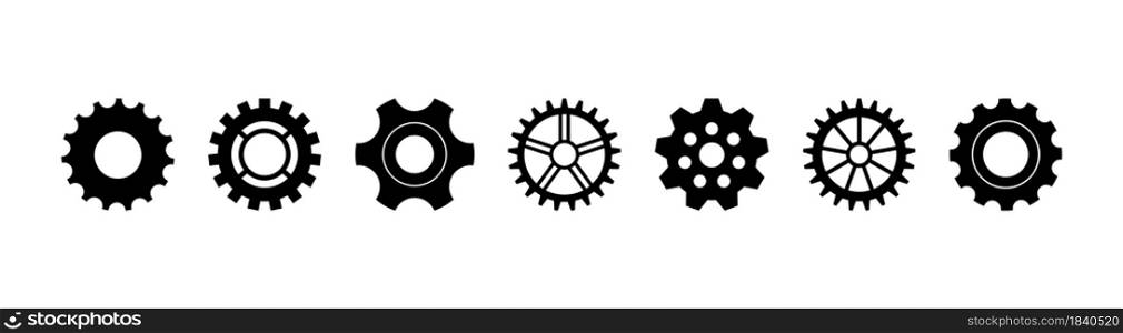 Gear icon. Cogwheel for industry. Gearwheel of engine. Circle wheel with cogs for machinery. Set of silhouette for technical, mechanism, clock and factory. Black icons of metal gearwheel. Vector.. Gear icon. Cogwheel for industry. Gearwheel of engine. Circle wheel with cogs for machinery. Set of silhouette for technical, mechanism, clock and factory. Black icons of metal gearwheel. Vector
