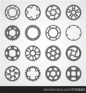 Gear icon set. 16 vector cog wheel silhouettes isolated on white background. Gears collection for logo, app buttons or infographic.. Set of 16 isolated gears and cogs