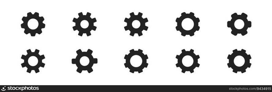 Gear icon set on white background. Black pictogram. Cogwheel gear, setting symbol. Icon set. Mechanism sign. Round shape. Vector illustration. 