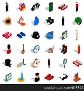 Gear icons set. Isometric style of 36 gear vector icons for web isolated on white background. Gear icons set, isometric style