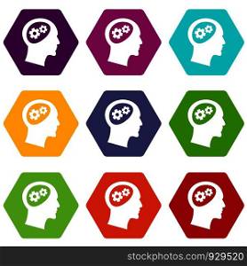 Gear in head icon set many color hexahedron isolated on white vector illustration. Gear in head icon set color hexahedron