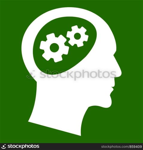 Gear in head icon white isolated on green background. Vector illustration. Gear in head icon green