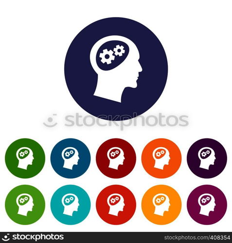 Gear in head set icons in different colors isolated on white background. Gear in head set icons