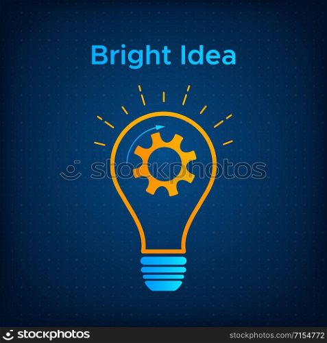 Gear lamp creative idea concept vector illustration. Contour innovation idea graphic with bright lightbulb and gear inside. Orange line lamp with silhouette cogwheel technology background concept.. Orange contour gear lamp creative idea concept