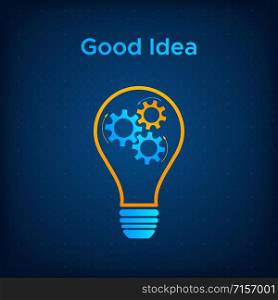 Gear lightbulb creative teamwork concept vector illustration. Orange bulb silhouette with blue cogwheel inside innovation ideas graphic. Line lamp with gear technology background business concept. Gear lightbulb creative teamwork business concept