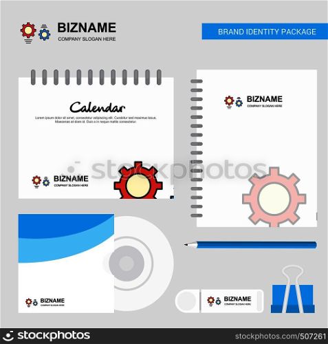 Gear Logo, Calendar Template, CD Cover, Diary and USB Brand Stationary Package Design Vector Template