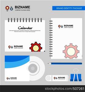 Gear Logo, Calendar Template, CD Cover, Diary and USB Brand Stationary Package Design Vector Template