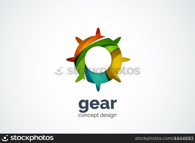 Gear logo template, hi-tech digital technology working and engineering concept - geometric minimal style, created with overlapping curve elements and waves. Corporate identity emblem, abstract business company branding element