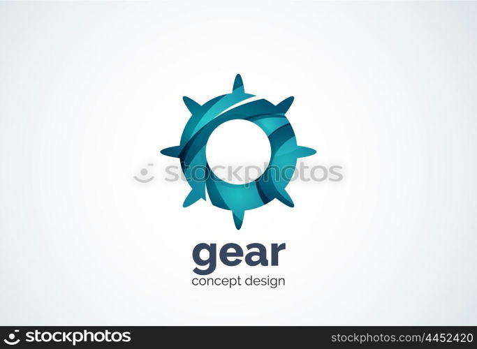 Gear logo template, hi-tech digital technology working and engineering concept - geometric minimal style, created with overlapping curve elements and waves. Corporate identity emblem, abstract business company branding element