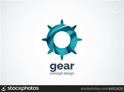 Gear logo template, hi-tech digital technology working and engineering concept - geometric minimal style, created with overlapping curve elements and waves. Corporate identity emblem, abstract business company branding element