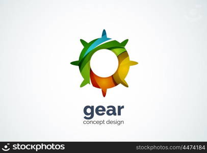 Gear logo template, hi-tech digital technology working and engineering concept - geometric minimal style, created with overlapping curve elements and waves. Corporate identity emblem, abstract business company branding element