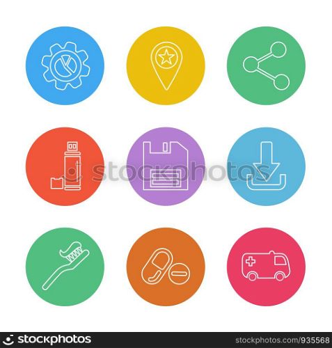 gear , navigation , share, bottle , save , floppy , download ,brush , medical , ambulance , icon, vector, design, flat, collection, style, creative, icons